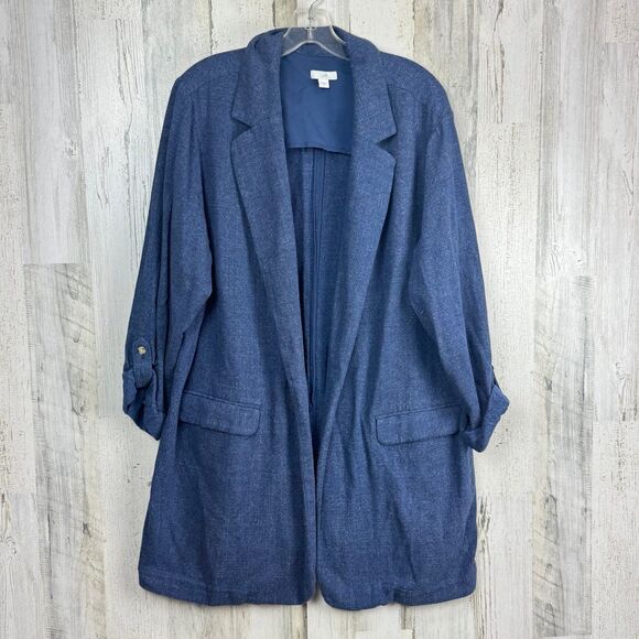 J Jill Blazer Womens XLarge Blue Slat Open Front Roll Tab Sleeve Jacket - Picture 1 of 10